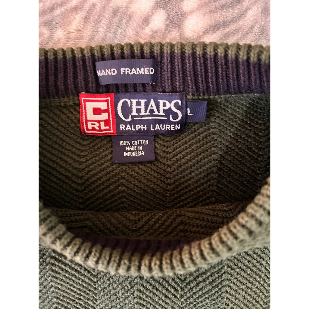 Chaps Ralph Lauren Mens Cotton Herringbone Knit Sweater‎ Green Crest Logo Large
